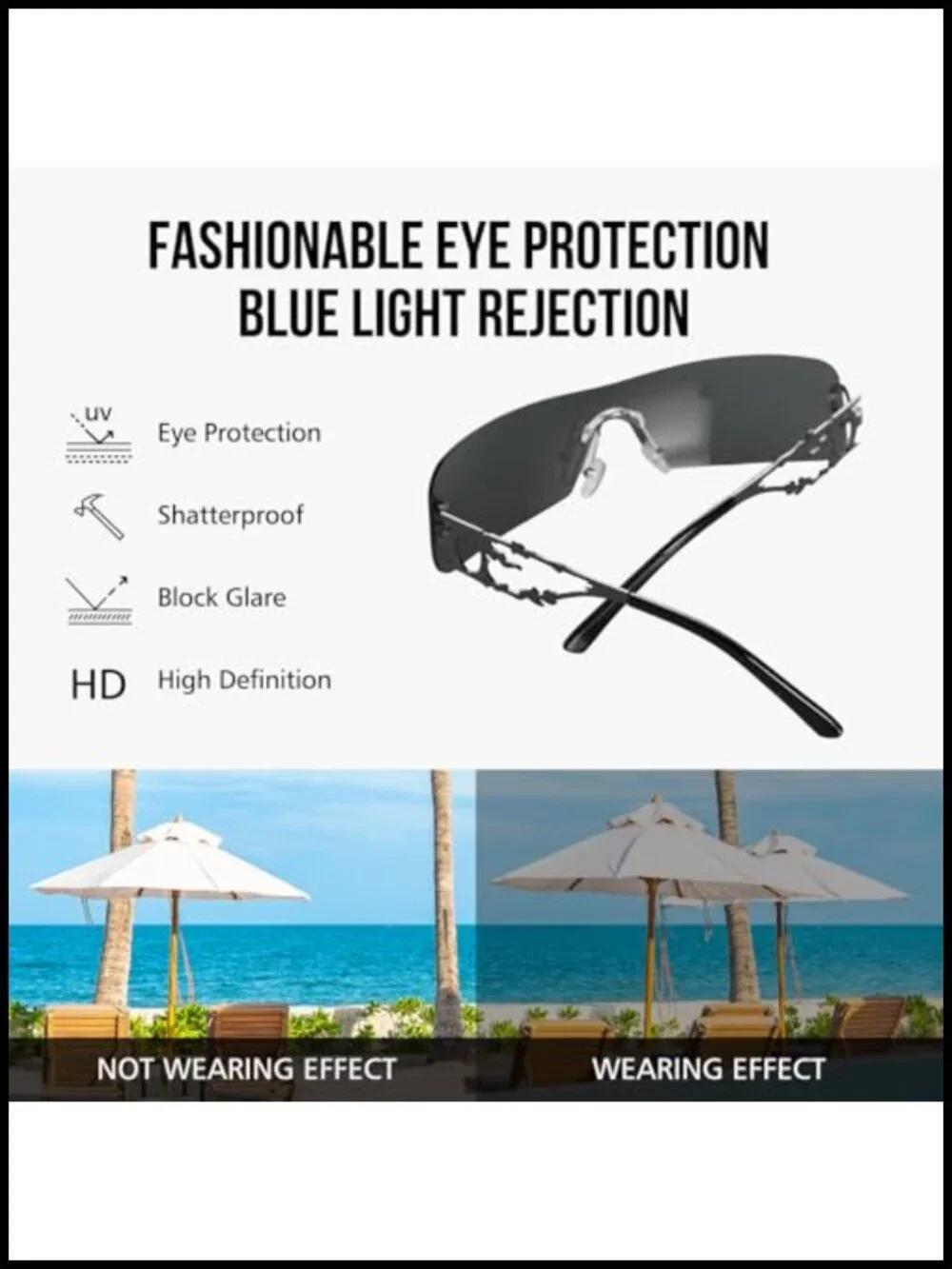 Rimless Wrap Around Sunglasses UV400 Protection Futuristic Y2K
